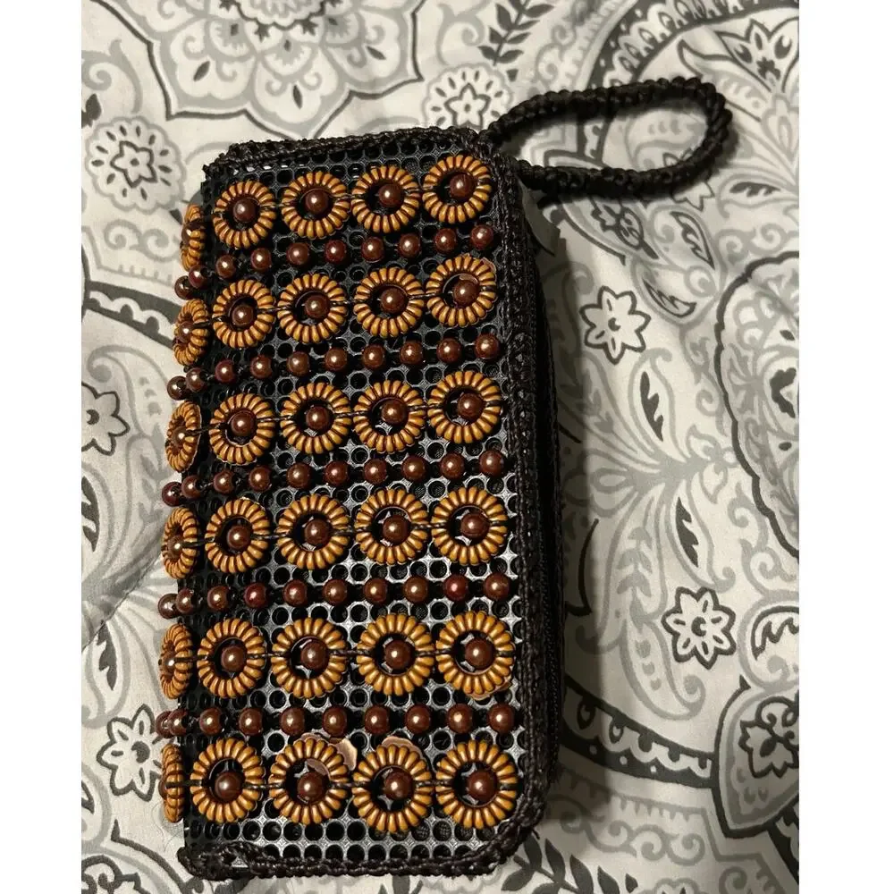 Handmade Wristlet double Zipper Clutch Beaded Brown Black Crochet Bohemian